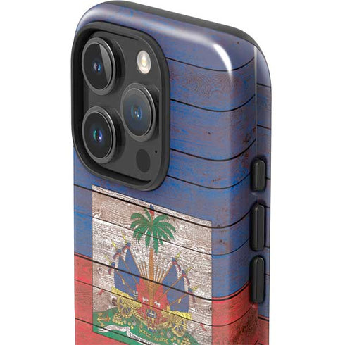 Haiti Flag Dark Wood iPhone 16 Pro Max Impact Case